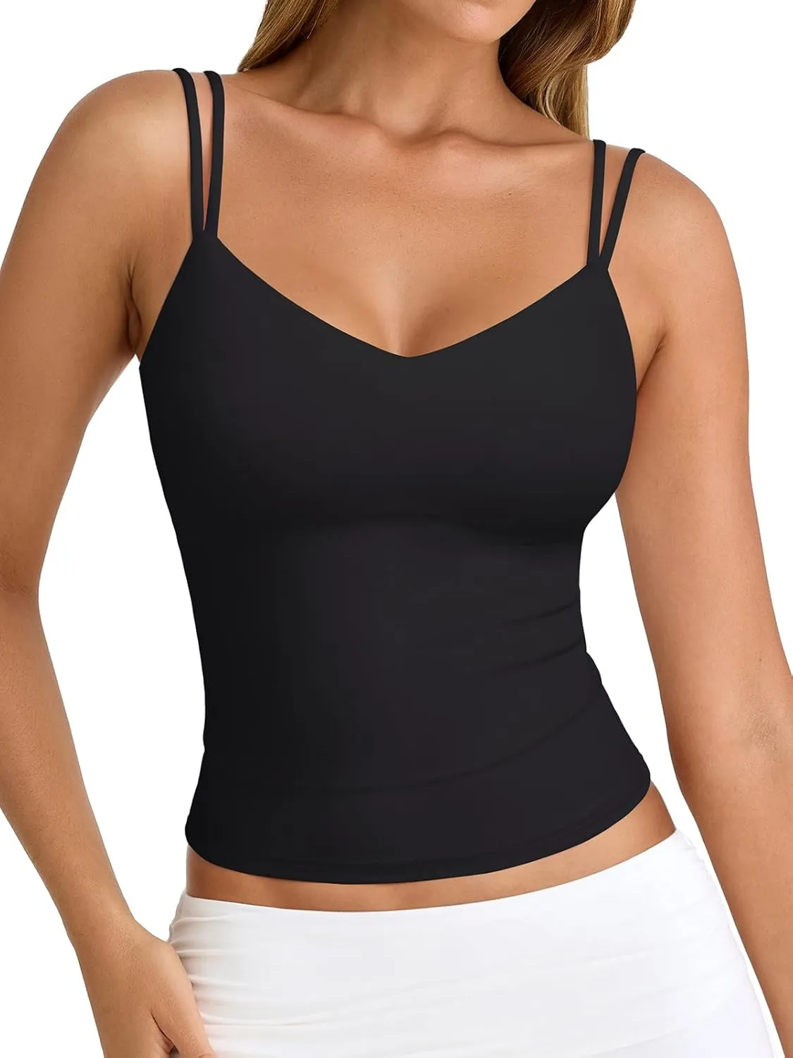 PINKMSTYLE Women Sexy V Neck Tank Top Sleeveless Double Lined Slim Fit Summer Double Spaghetti Strap Cami Going Out Tops
