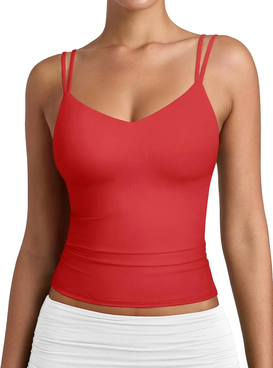 PINKMSTYLE Women Sexy V Neck Tank Top Sleeveless Double Lined Slim Fit Summer Double Spaghetti Strap Cami Going Out Tops