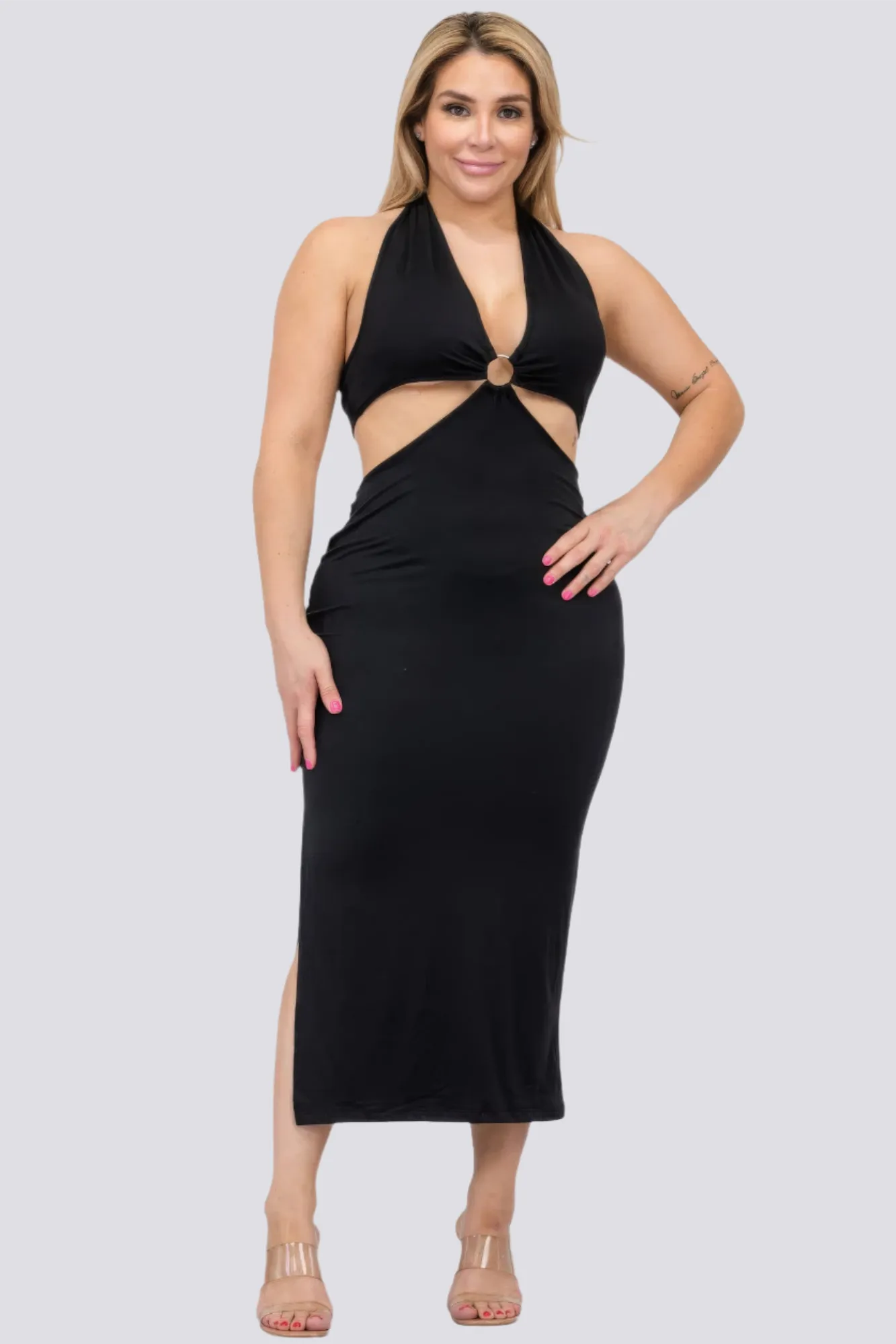 Plus Size Cut-out Halter Neck Double Back Tie Split Thigh Midi Dress
