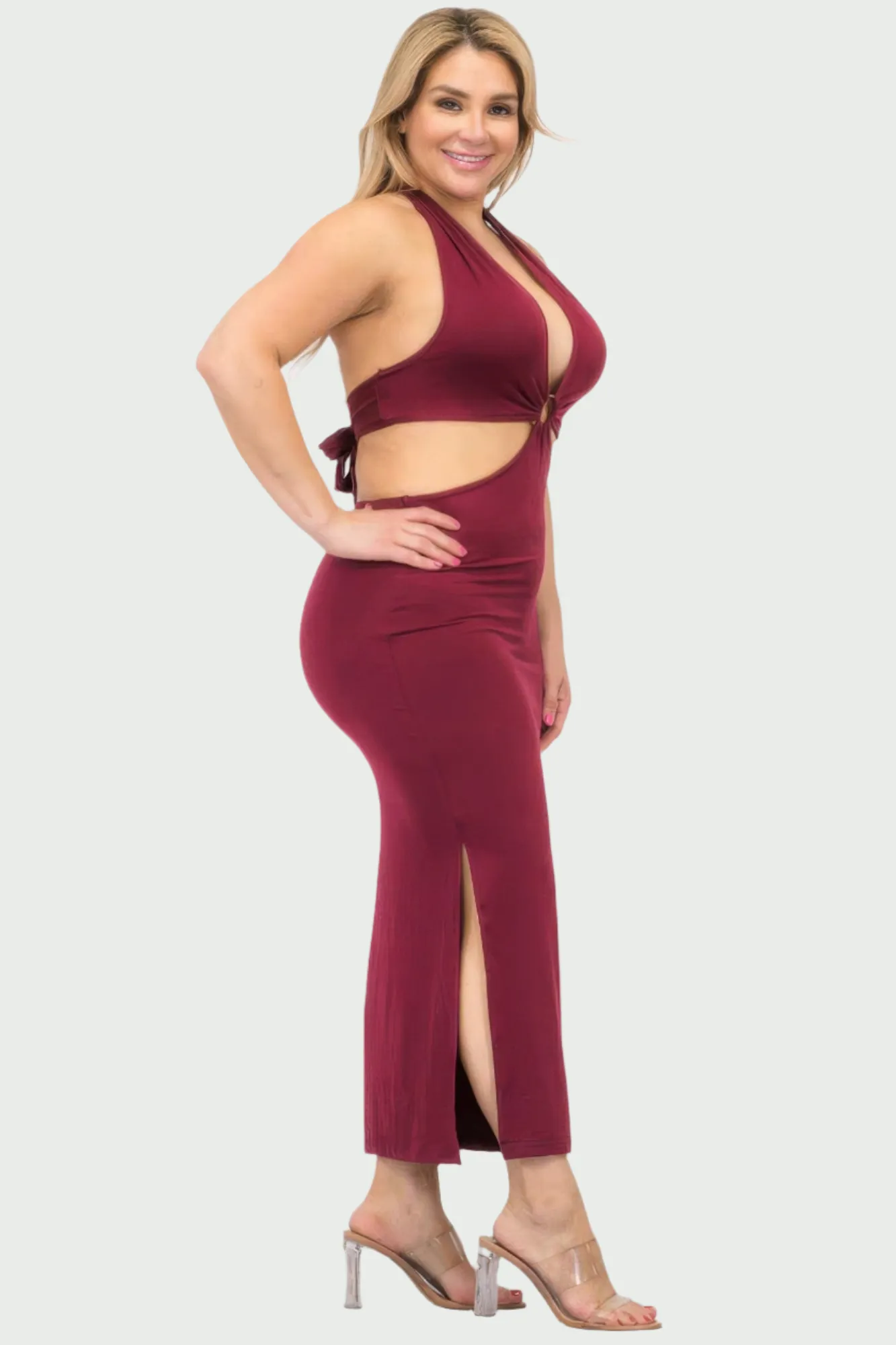 Plus Size Cut-out Halter Neck Double Back Tie Split Thigh Midi Dress