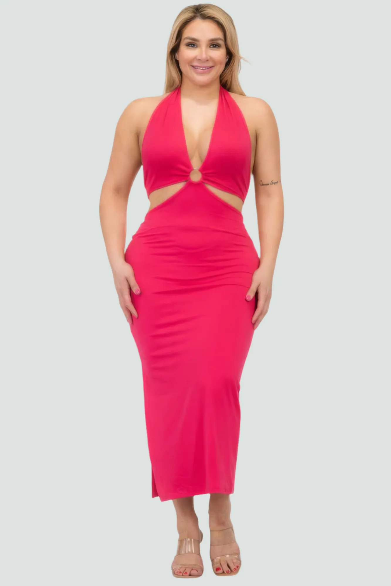 Plus Size Cut-out Halter Neck Double Back Tie Split Thigh Midi Dress