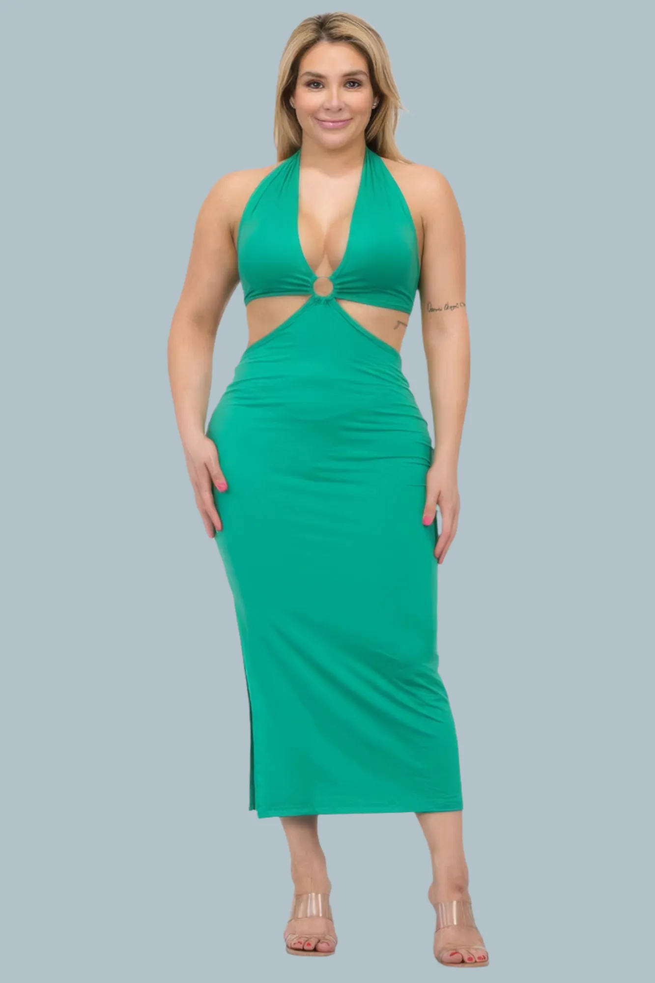 Plus Size Cut-out Halter Neck Double Back Tie Split Thigh Midi Dress