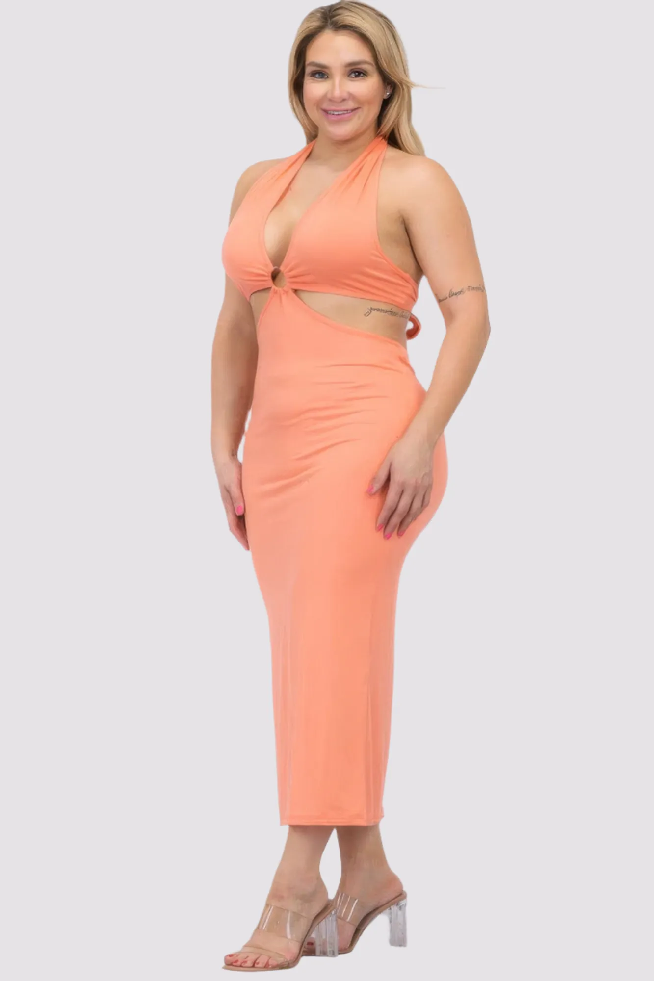 Plus Size Cut-out Halter Neck Double Back Tie Split Thigh Midi Dress