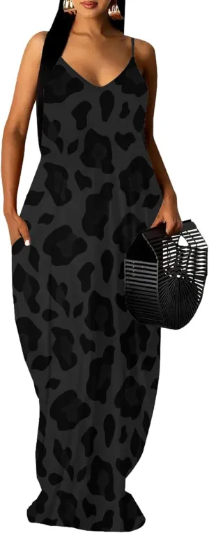 Plus Size Dress for Women 2024 Casual Sleeveless Sundress Loose Spaghetti Strap Long Summer Beach Maxi Dress with Pockets