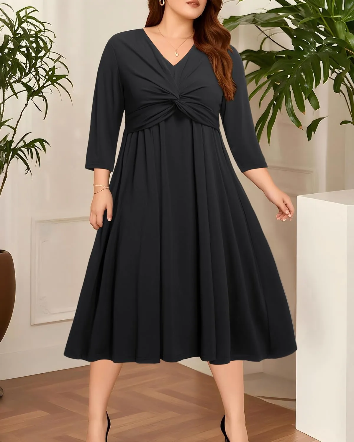 Plus Size Dress for Women Twist Knot V Neck 3/4 Sleeves A Line Wedding Guest Midi Dresses