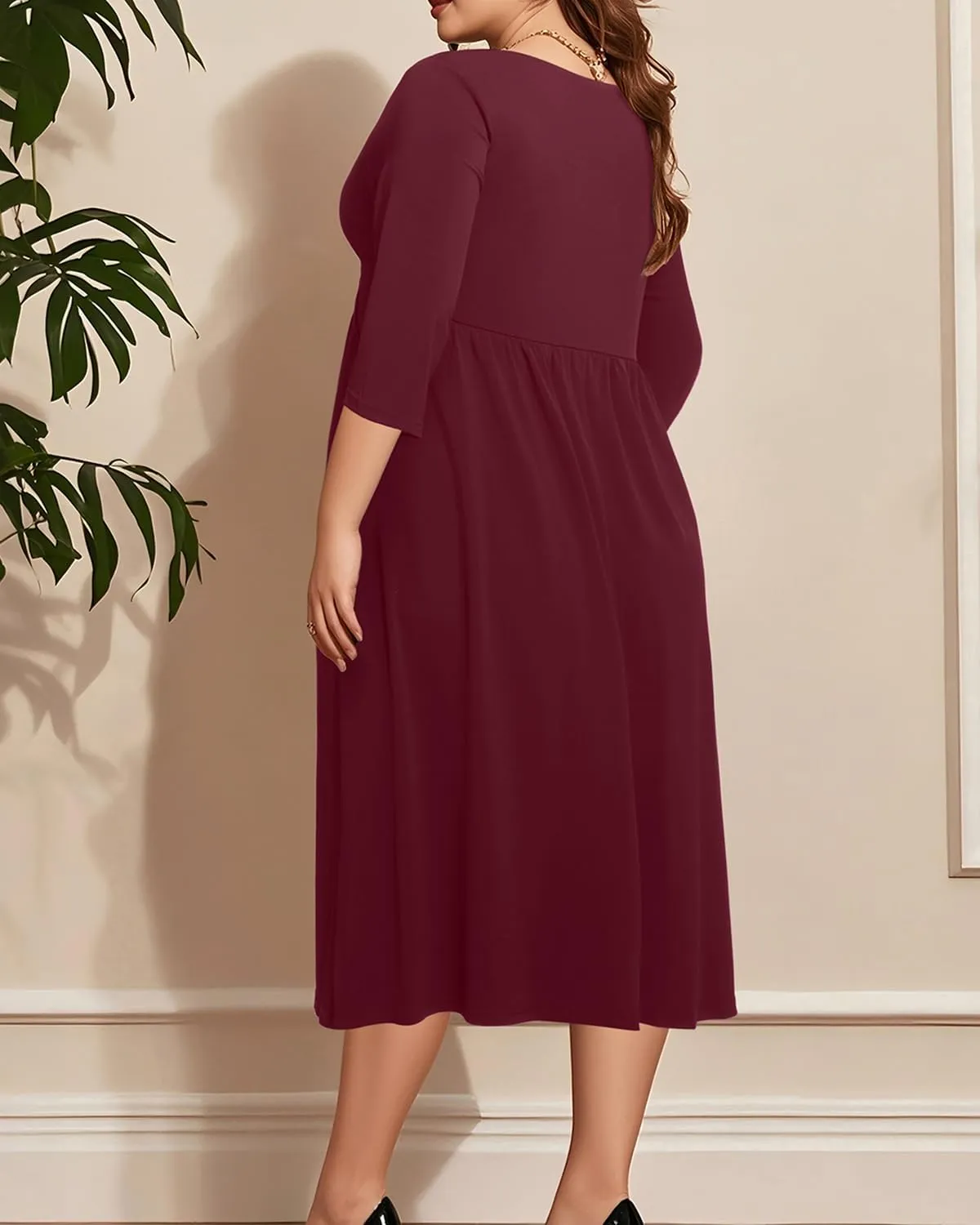 Plus Size Dress for Women Twist Knot V Neck 3/4 Sleeves A Line Wedding Guest Midi Dresses