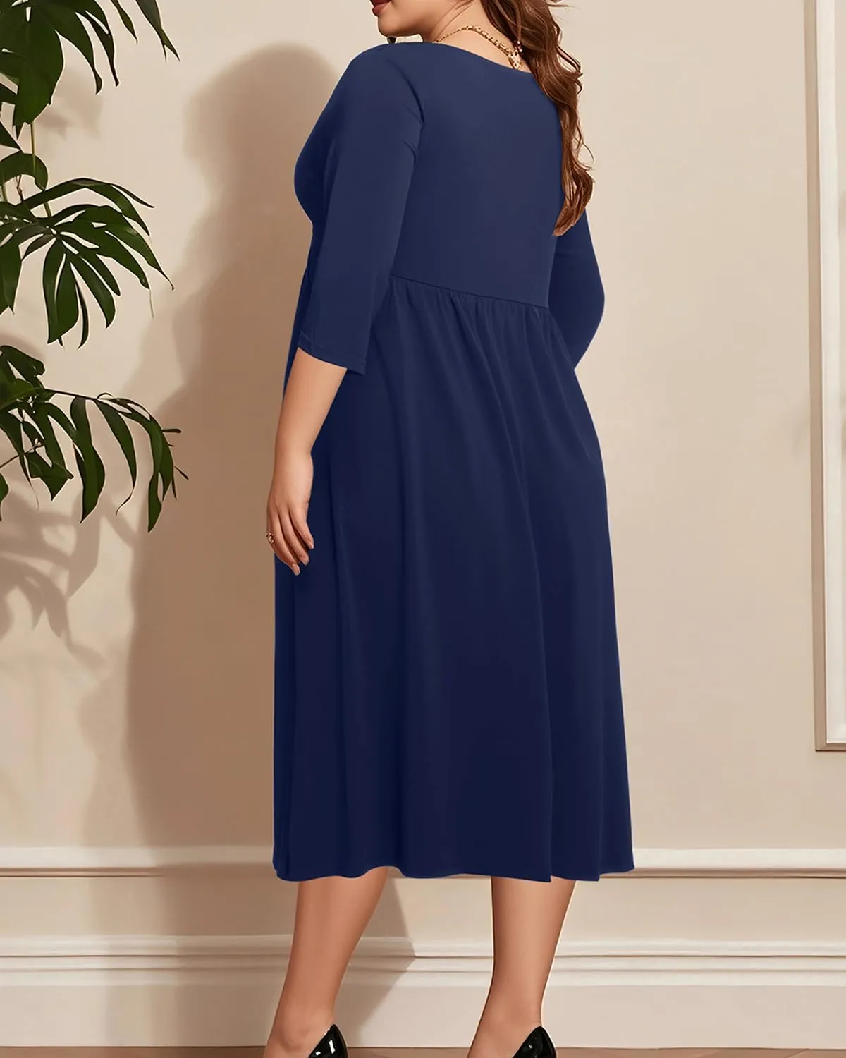 Plus Size Dress for Women Twist Knot V Neck 3/4 Sleeves A Line Wedding Guest Midi Dresses