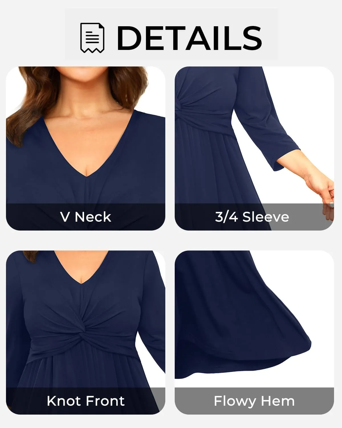 Plus Size Dress for Women Twist Knot V Neck 3/4 Sleeves A Line Wedding Guest Midi Dresses