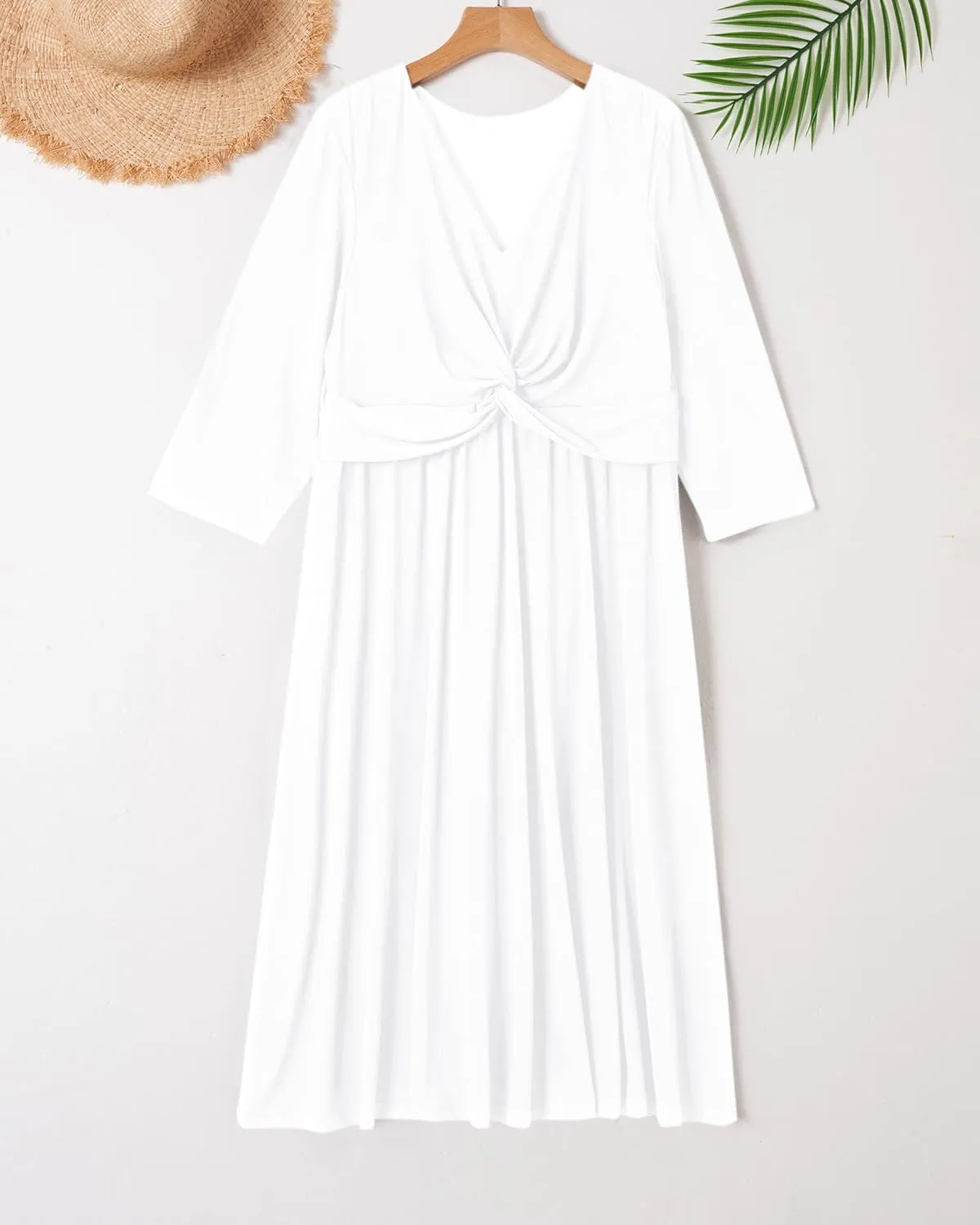Plus Size Dress for Women Twist Knot V Neck 3/4 Sleeves A Line Wedding Guest Midi Dresses