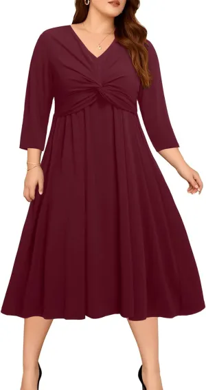 Plus Size Dress for Women Twist Knot V Neck 3/4 Sleeves A Line Wedding Guest Midi Dresses