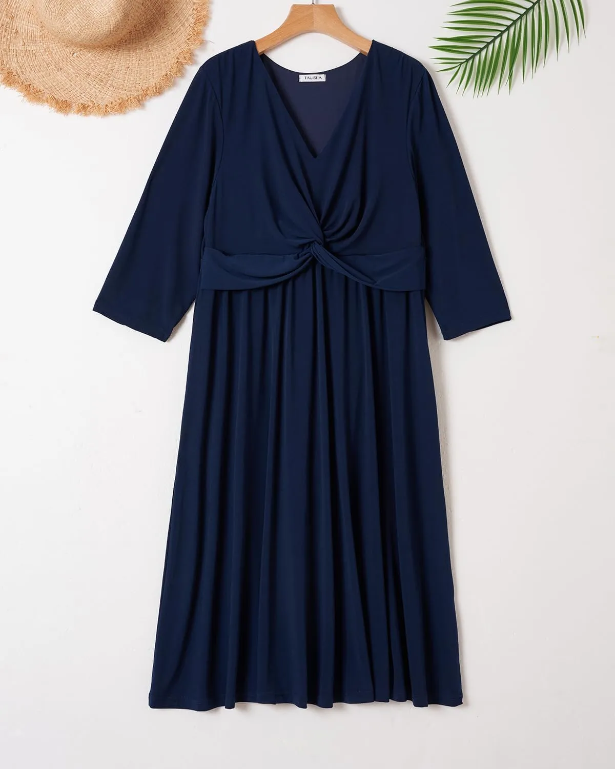 Plus Size Dress for Women Twist Knot V Neck 3/4 Sleeves A Line Wedding Guest Midi Dresses