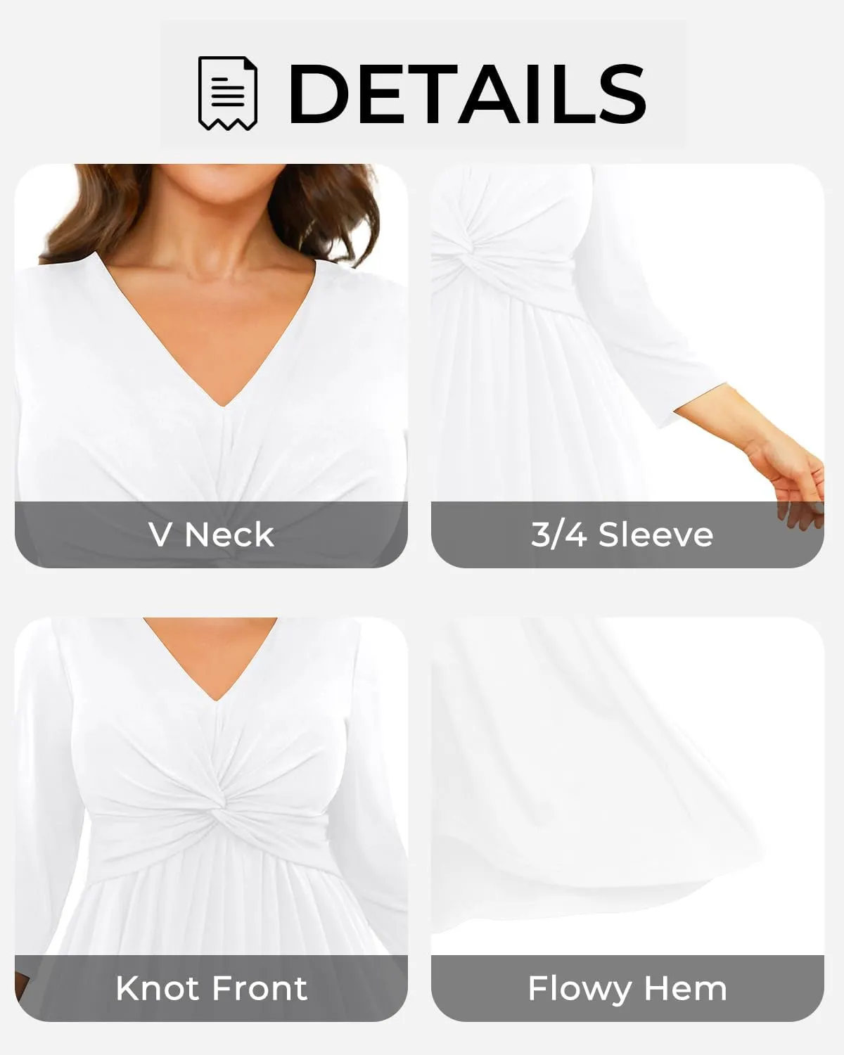 Plus Size Dress for Women Twist Knot V Neck 3/4 Sleeves A Line Wedding Guest Midi Dresses