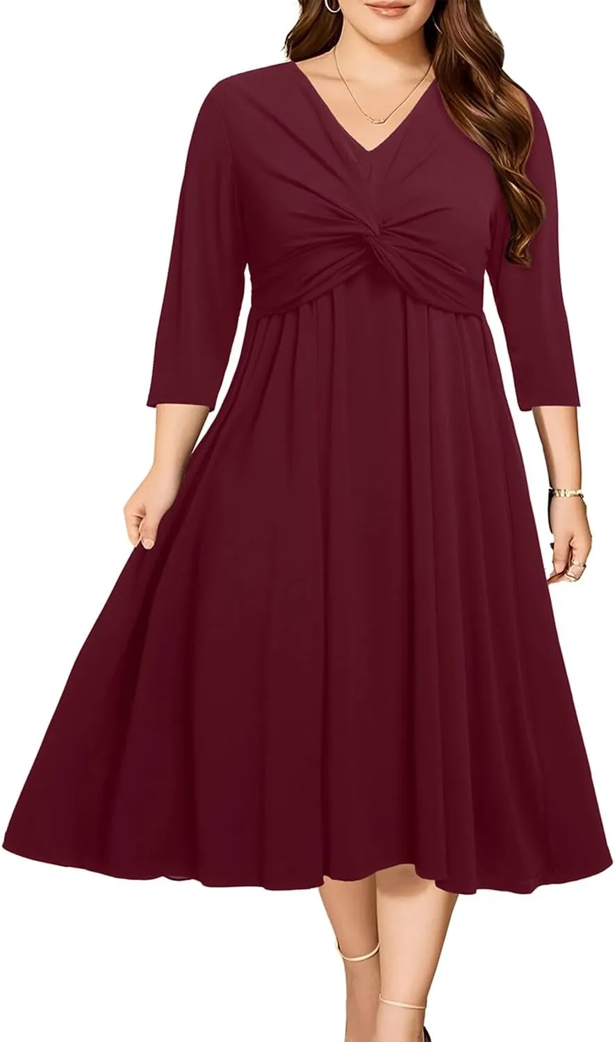 Plus Size Dress for Women Twist Knot V Neck 3/4 Sleeves A Line Wedding Guest Midi Dresses