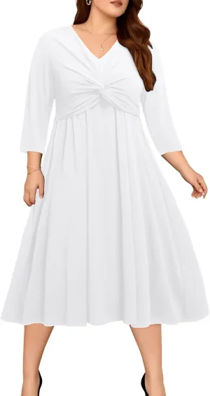 Plus Size Dress for Women Twist Knot V Neck 3/4 Sleeves A Line Wedding Guest Midi Dresses