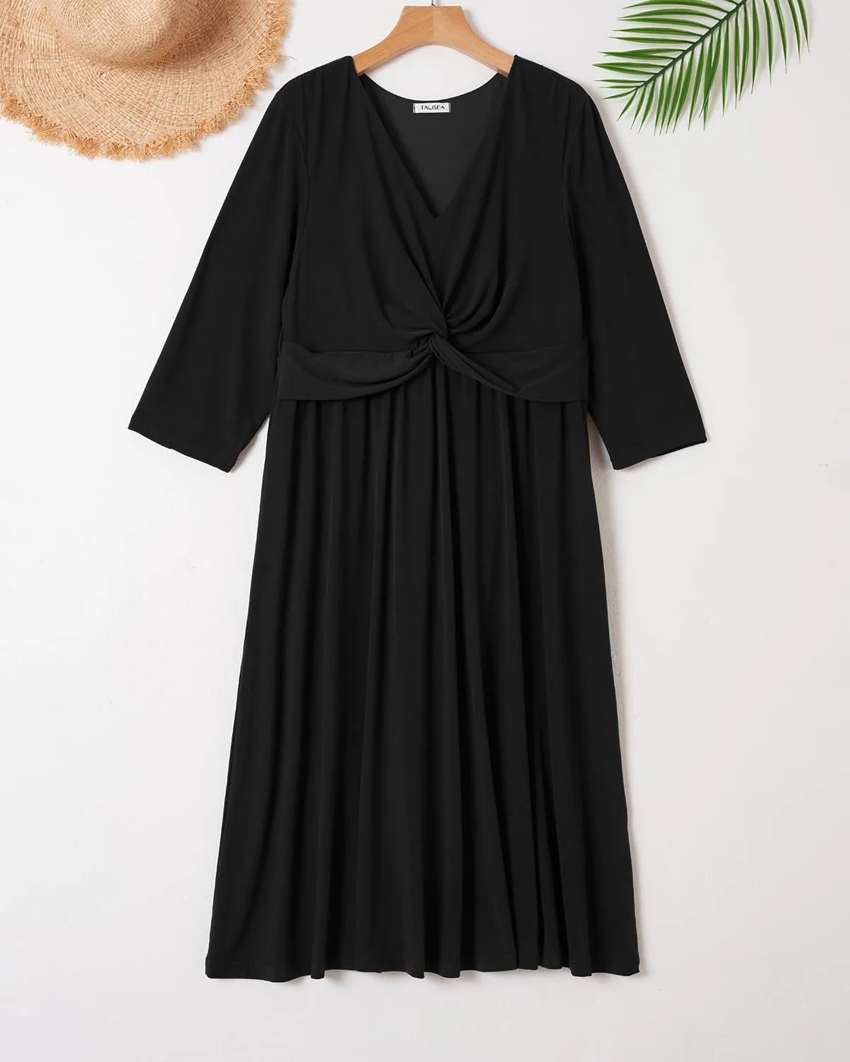 Plus Size Dress for Women Twist Knot V Neck 3/4 Sleeves A Line Wedding Guest Midi Dresses