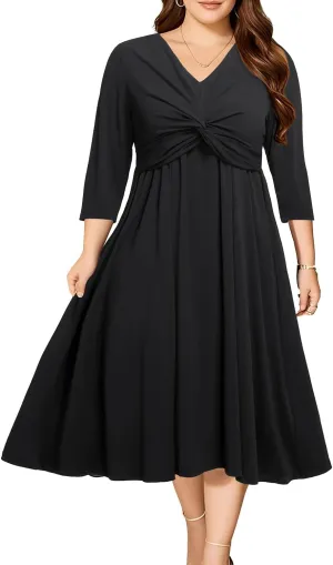 Plus Size Dress for Women Twist Knot V Neck 3/4 Sleeves A Line Wedding Guest Midi Dresses