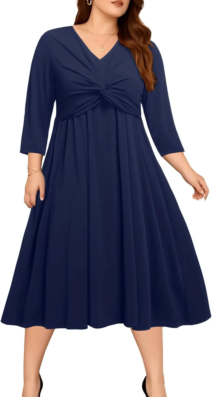Plus Size Dress for Women Twist Knot V Neck 3/4 Sleeves A Line Wedding Guest Midi Dresses