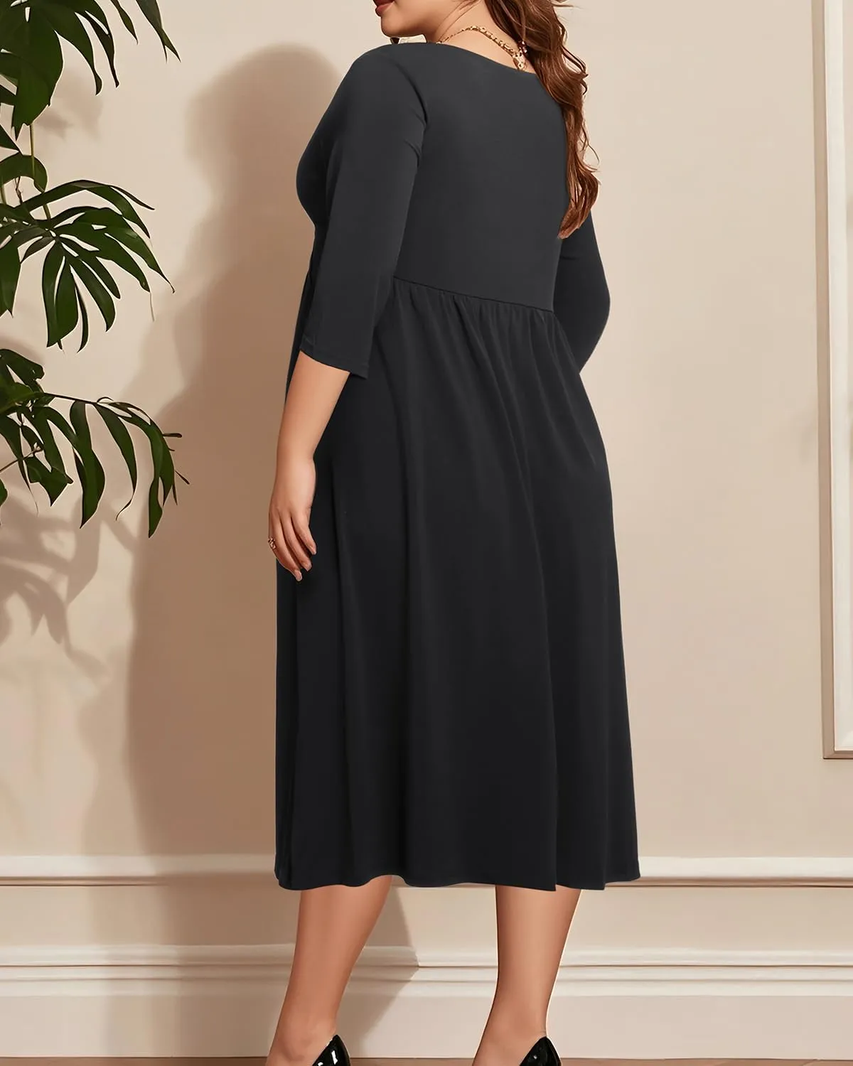 Plus Size Dress for Women Twist Knot V Neck 3/4 Sleeves A Line Wedding Guest Midi Dresses