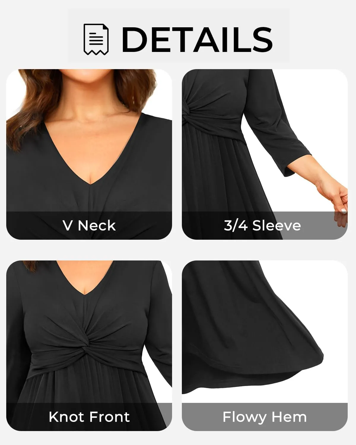 Plus Size Dress for Women Twist Knot V Neck 3/4 Sleeves A Line Wedding Guest Midi Dresses