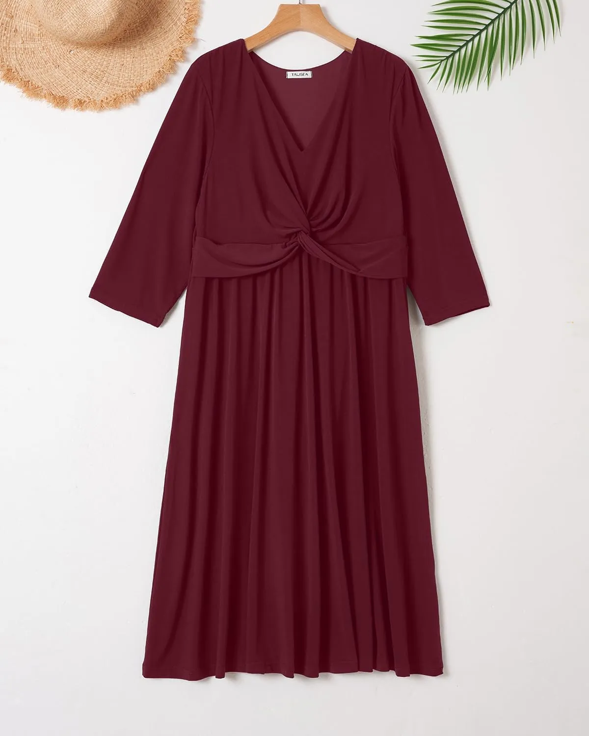 Plus Size Dress for Women Twist Knot V Neck 3/4 Sleeves A Line Wedding Guest Midi Dresses