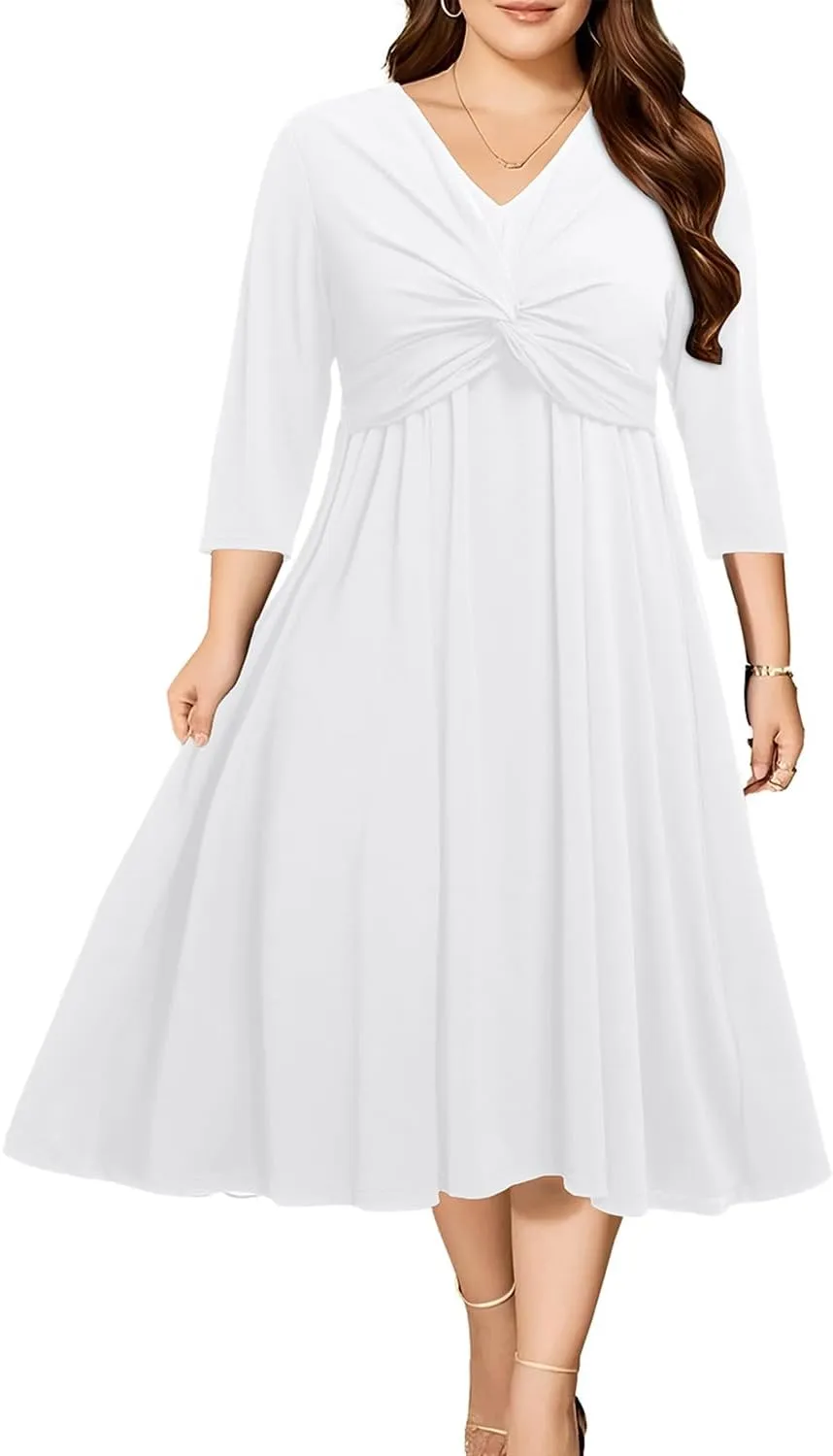 Plus Size Dress for Women Twist Knot V Neck 3/4 Sleeves A Line Wedding Guest Midi Dresses