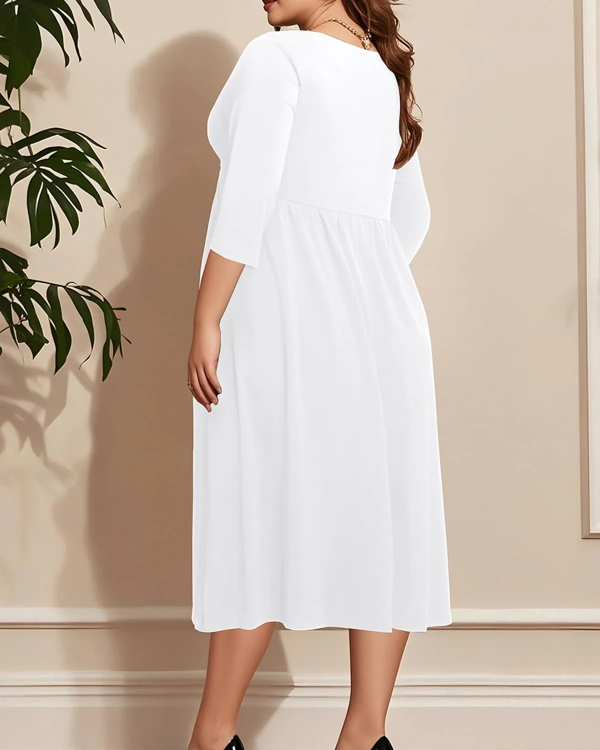 Plus Size Dress for Women Twist Knot V Neck 3/4 Sleeves A Line Wedding Guest Midi Dresses