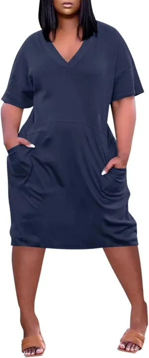 Plus Size Dresses for Curvy Women-2025 Summer Super Loose Fit Short Sleeve V-Neck Midi Casual Dresses with Pockets