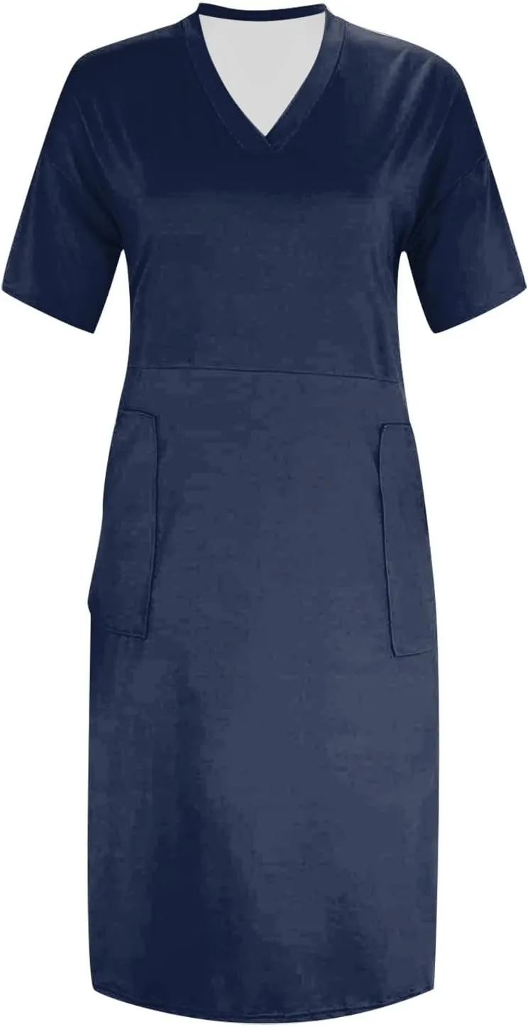 Plus Size Dresses for Curvy Women-2025 Summer Super Loose Fit Short Sleeve V-Neck Midi Casual Dresses with Pockets