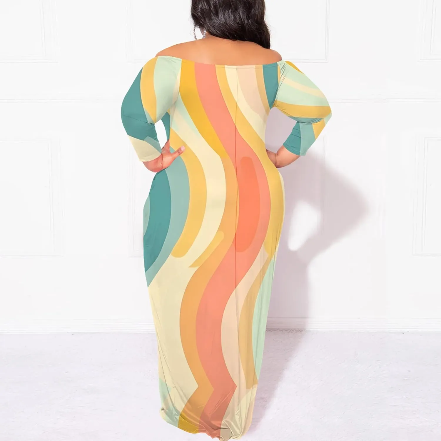 Plus Size Dresses for Curvy Women Sexy Off Shoulder Fall Dress Colorful Stripe Print Club Party Cocktail Fishtail Maxi Dress