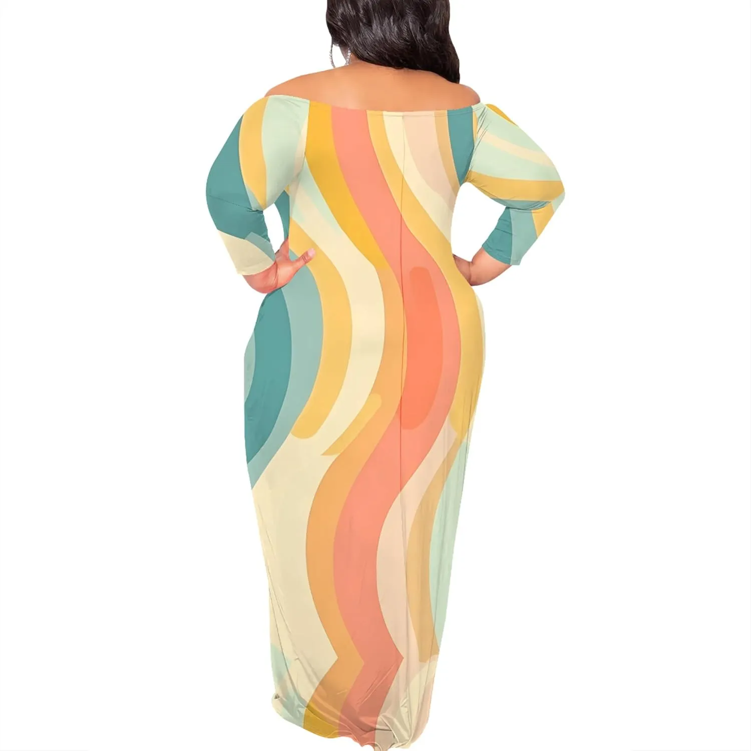 Plus Size Dresses for Curvy Women Sexy Off Shoulder Fall Dress Colorful Stripe Print Club Party Cocktail Fishtail Maxi Dress