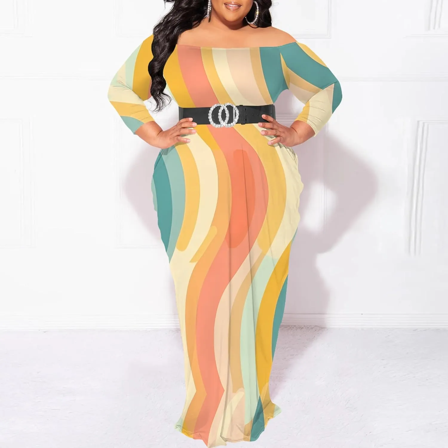 Plus Size Dresses for Curvy Women Sexy Off Shoulder Fall Dress Colorful Stripe Print Club Party Cocktail Fishtail Maxi Dress