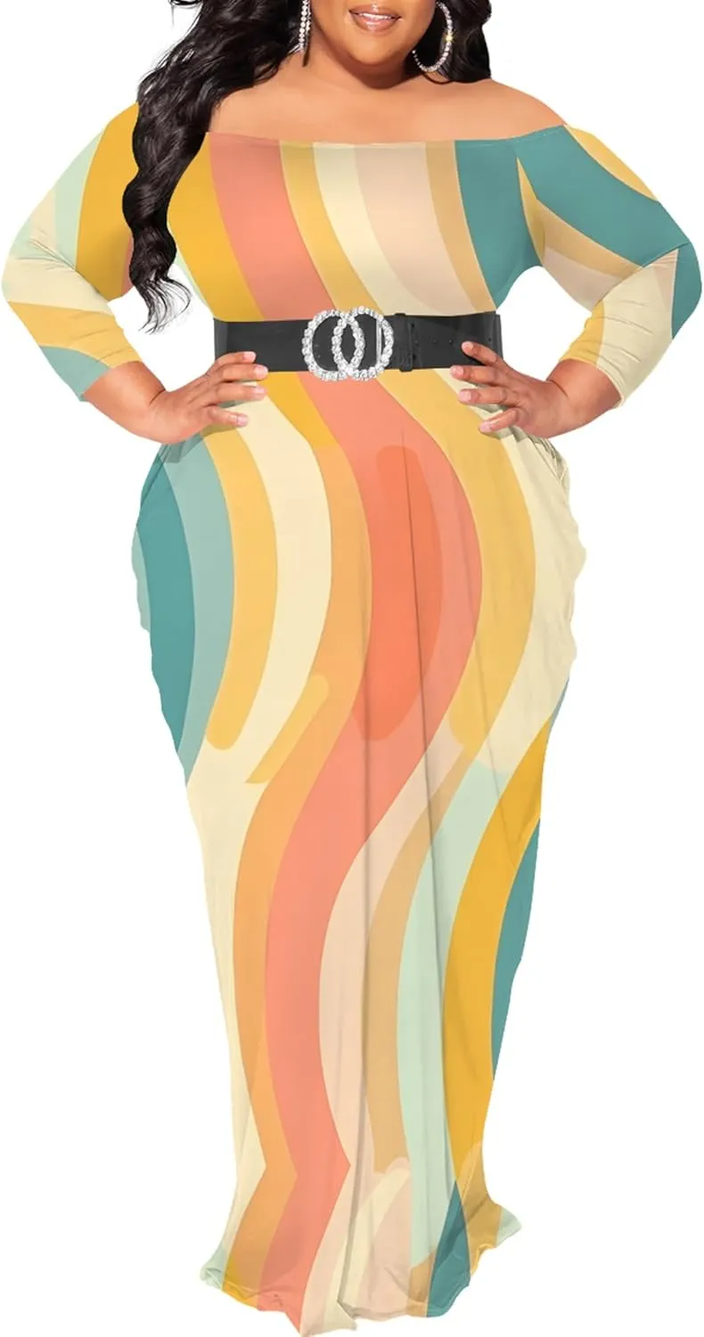 Plus Size Dresses for Curvy Women Sexy Off Shoulder Fall Dress Colorful Stripe Print Club Party Cocktail Fishtail Maxi Dress
