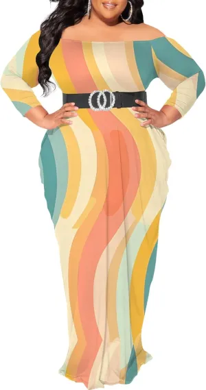 Plus Size Dresses for Curvy Women Sexy Off Shoulder Fall Dress Colorful Stripe Print Club Party Cocktail Fishtail Maxi Dress