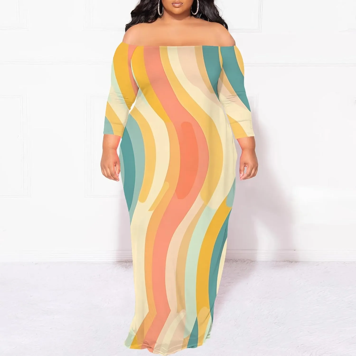 Plus Size Dresses for Curvy Women Sexy Off Shoulder Fall Dress Colorful Stripe Print Club Party Cocktail Fishtail Maxi Dress