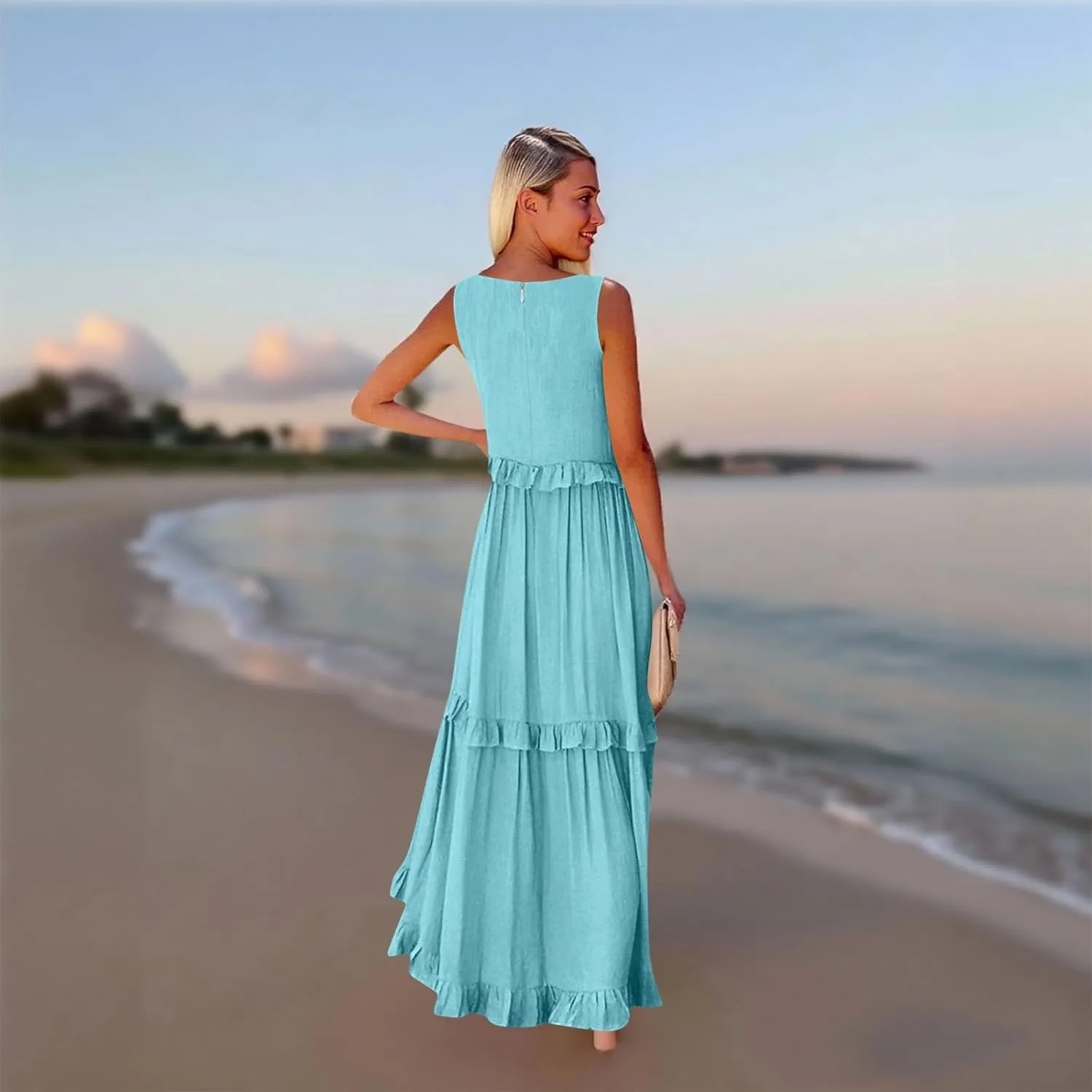 Plus Size Dresses for Curvy Women Summer Casual V-Neck Smocked Maxi Dress Loose Flowy Ruffle Sundress with Pockets