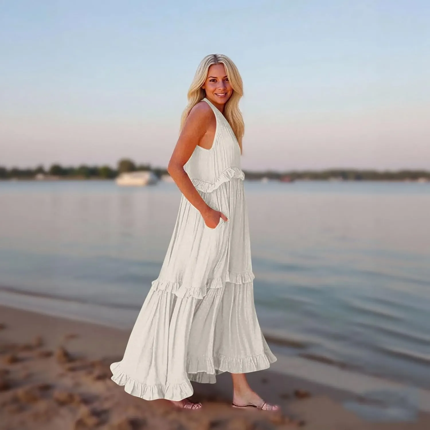 Plus Size Dresses for Curvy Women Summer Casual V-Neck Smocked Maxi Dress Loose Flowy Ruffle Sundress with Pockets