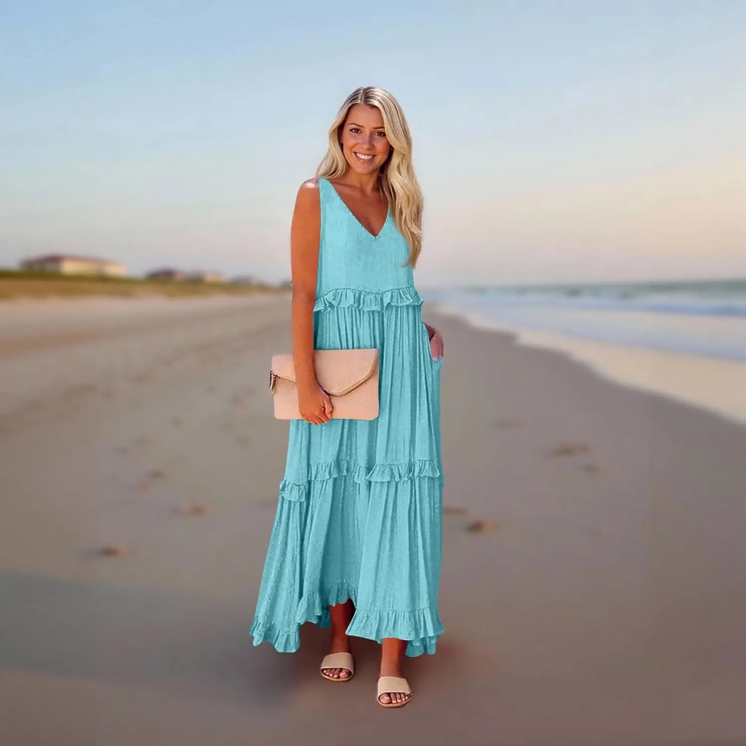 Plus Size Dresses for Curvy Women Summer Casual V-Neck Smocked Maxi Dress Loose Flowy Ruffle Sundress with Pockets