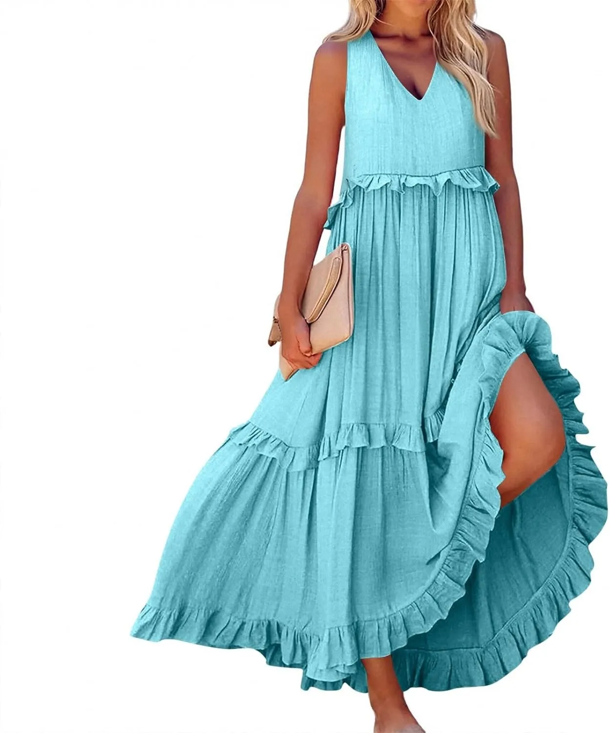 Plus Size Dresses for Curvy Women Summer Casual V-Neck Smocked Maxi Dress Loose Flowy Ruffle Sundress with Pockets