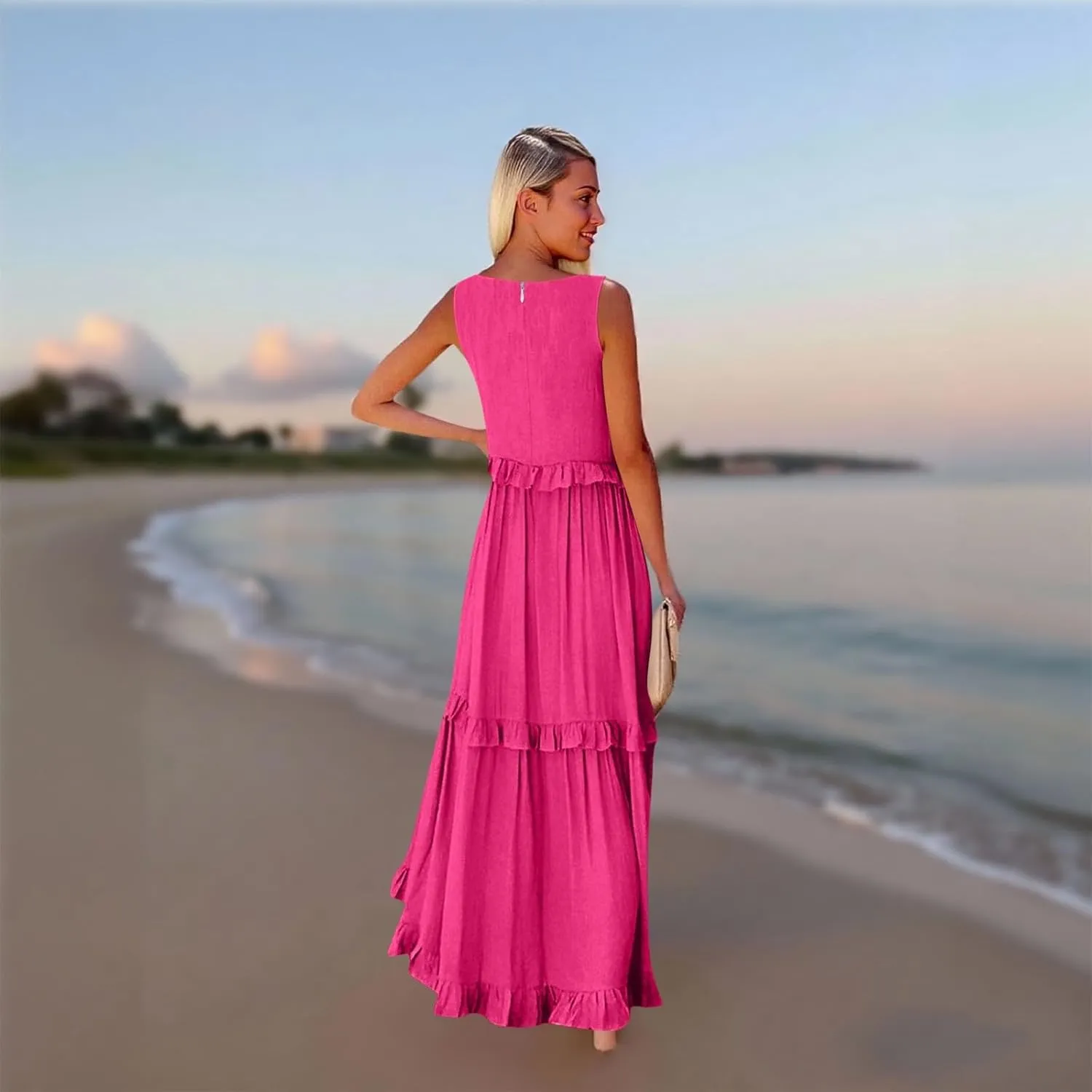 Plus Size Dresses for Curvy Women Summer Casual V-Neck Smocked Maxi Dress Loose Flowy Ruffle Sundress with Pockets