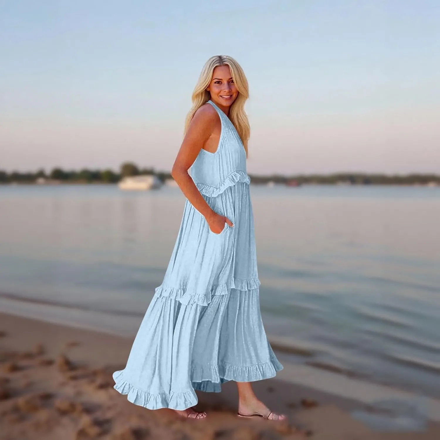 Plus Size Dresses for Curvy Women Summer Casual V-Neck Smocked Maxi Dress Loose Flowy Ruffle Sundress with Pockets