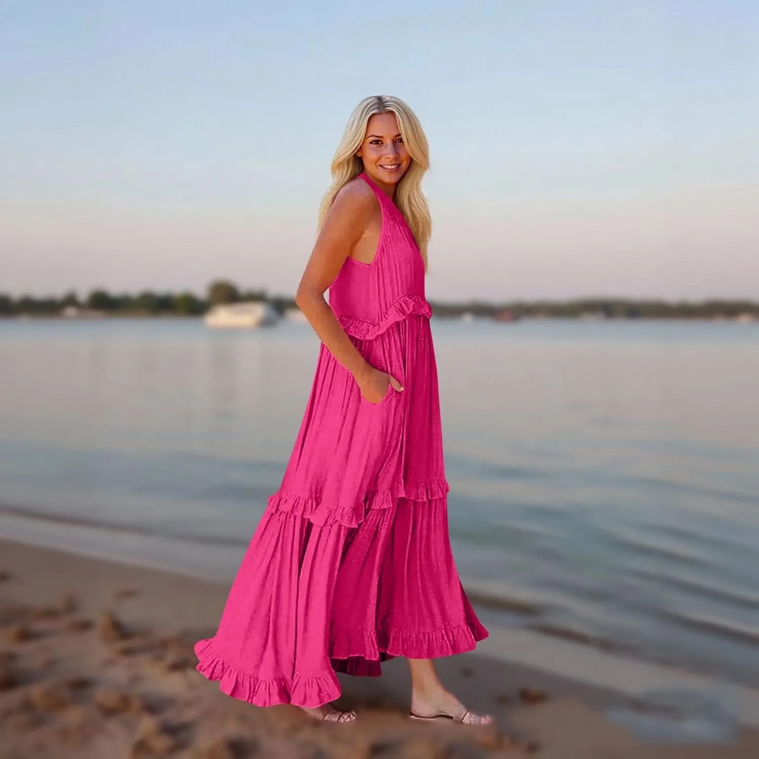 Plus Size Dresses for Curvy Women Summer Casual V-Neck Smocked Maxi Dress Loose Flowy Ruffle Sundress with Pockets