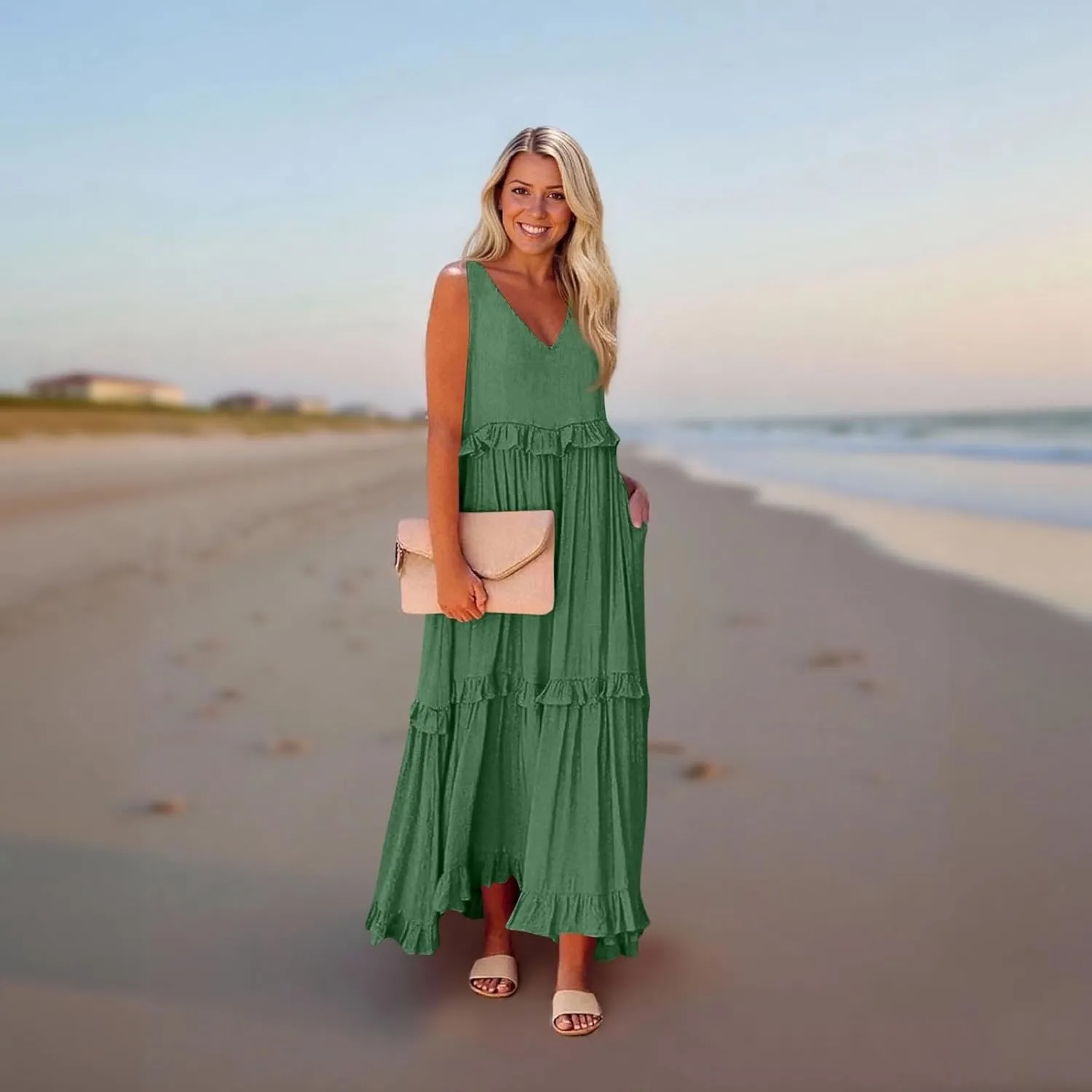 Plus Size Dresses for Curvy Women Summer Casual V-Neck Smocked Maxi Dress Loose Flowy Ruffle Sundress with Pockets