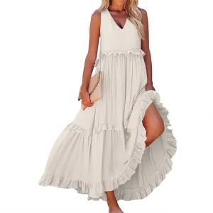 Plus Size Dresses for Curvy Women Summer Casual V-Neck Smocked Maxi Dress Loose Flowy Ruffle Sundress with Pockets