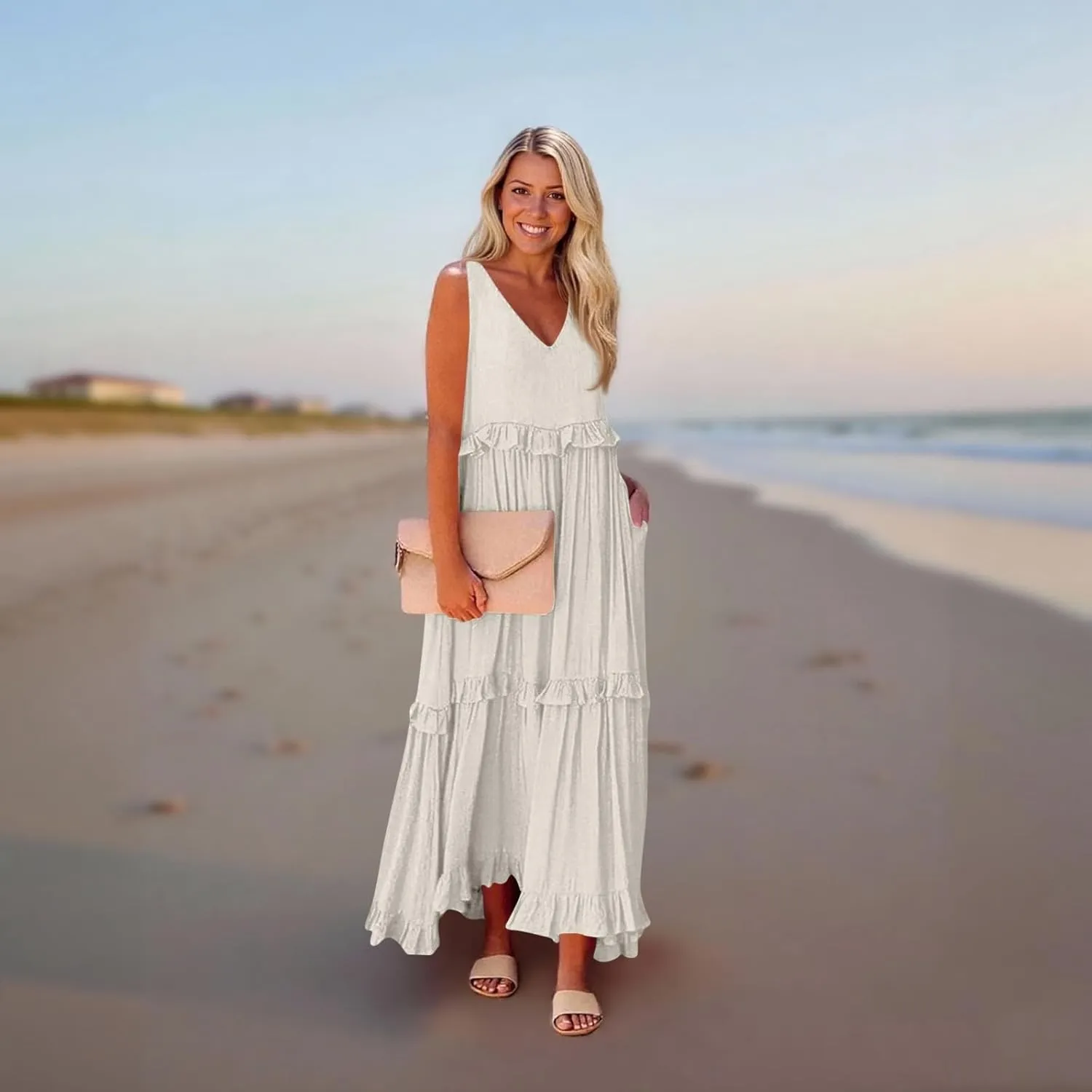 Plus Size Dresses for Curvy Women Summer Casual V-Neck Smocked Maxi Dress Loose Flowy Ruffle Sundress with Pockets