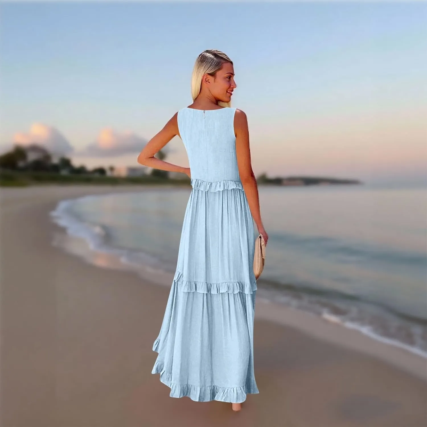 Plus Size Dresses for Curvy Women Summer Casual V-Neck Smocked Maxi Dress Loose Flowy Ruffle Sundress with Pockets