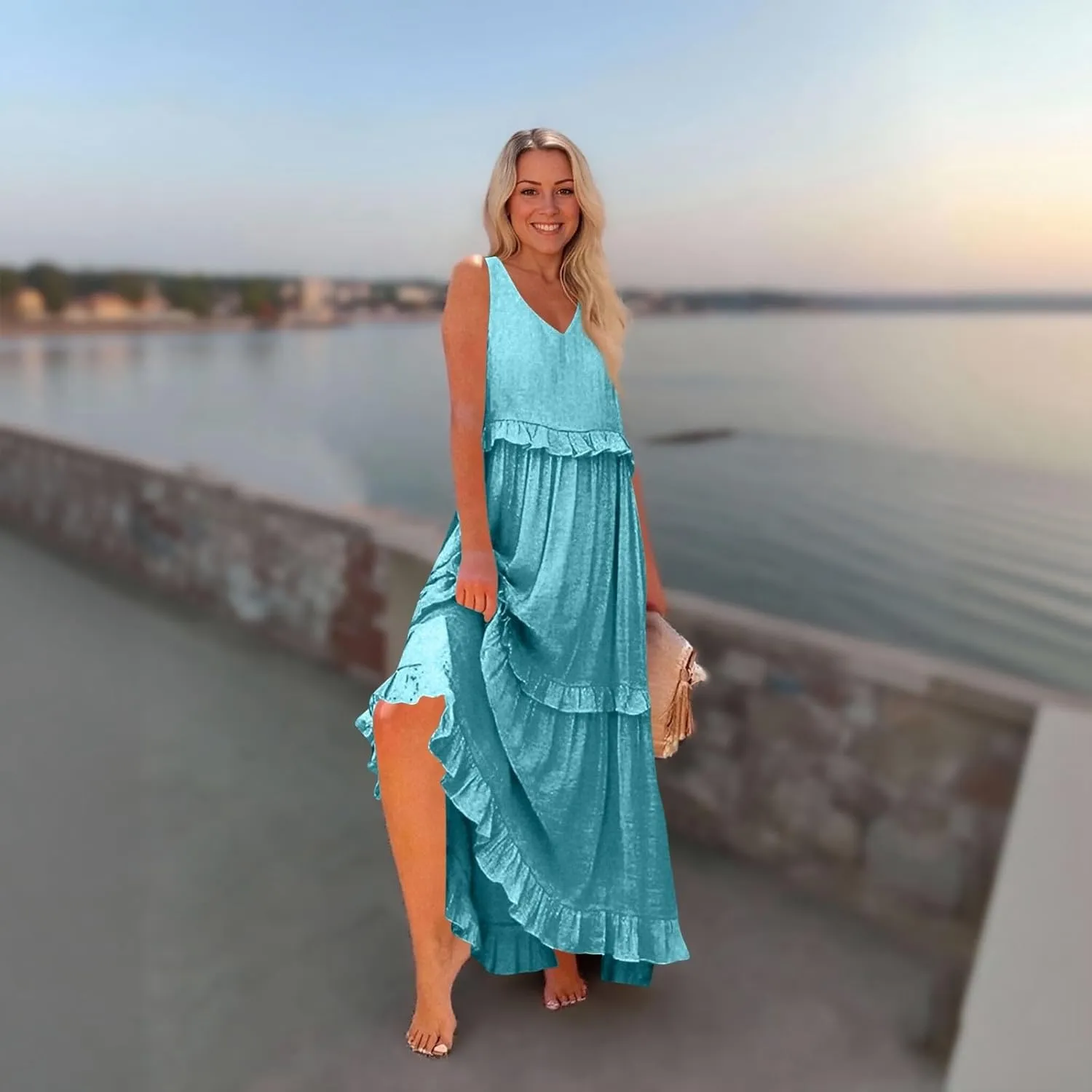 Plus Size Dresses for Curvy Women Summer Casual V-Neck Smocked Maxi Dress Loose Flowy Ruffle Sundress with Pockets
