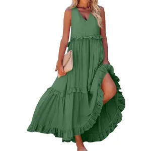 Plus Size Dresses for Curvy Women Summer Casual V-Neck Smocked Maxi Dress Loose Flowy Ruffle Sundress with Pockets