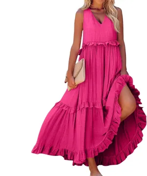 Plus Size Dresses for Curvy Women Summer Casual V-Neck Smocked Maxi Dress Loose Flowy Ruffle Sundress with Pockets