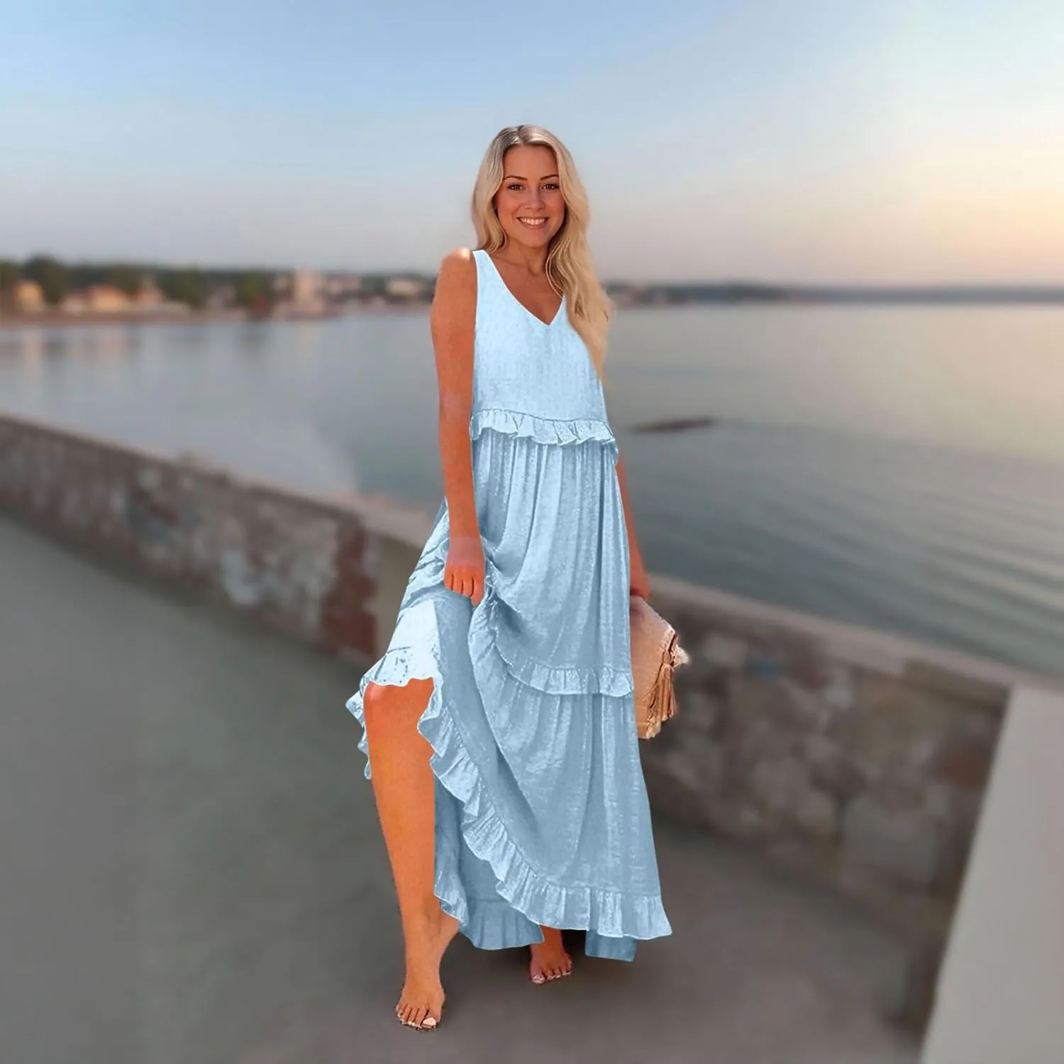 Plus Size Dresses for Curvy Women Summer Casual V-Neck Smocked Maxi Dress Loose Flowy Ruffle Sundress with Pockets
