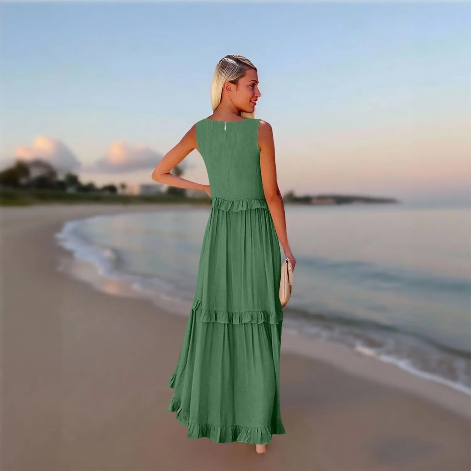 Plus Size Dresses for Curvy Women Summer Casual V-Neck Smocked Maxi Dress Loose Flowy Ruffle Sundress with Pockets